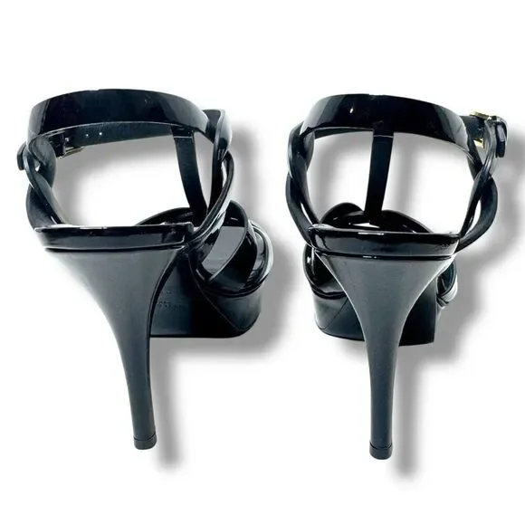 Saint Laurent Tribute Black Patent Leather Platform High Heel Sandals Size 37.5 - Picture 7 of 13